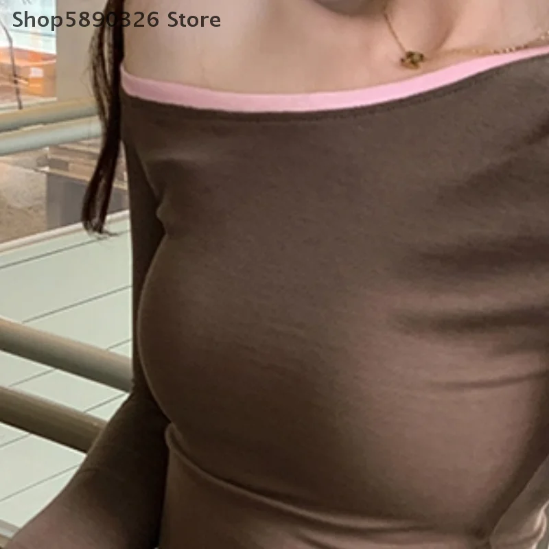 

Hot Girl Off-The-Shoulder Slim Bottoming Shirt Autumn Oblique Shoulder Ribbon T-Shirt For Women