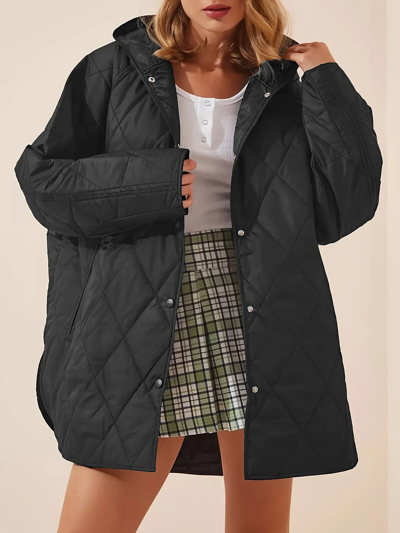 Women's Quilted Quilted Jacket Loose and Lazy Style Hooded Quilted Jacket Solid Color Diamond Check Casual Medium Long Coat