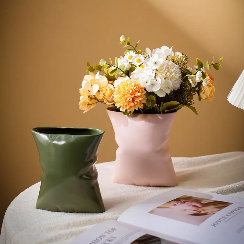 CAPIRON Pillow Shape Ceramic Vase for Fresh Flower Home Bedroom Living Room Decoration Accessories Console Mantel Decor Beige