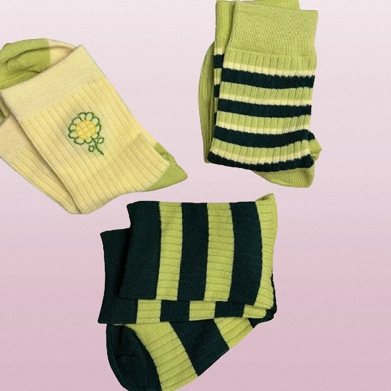 3/6/12 Pairs Green Striped Socks Women's Mid-tube Socks Four Seasons Style Contrast Color Small Flower All-match Long Socks