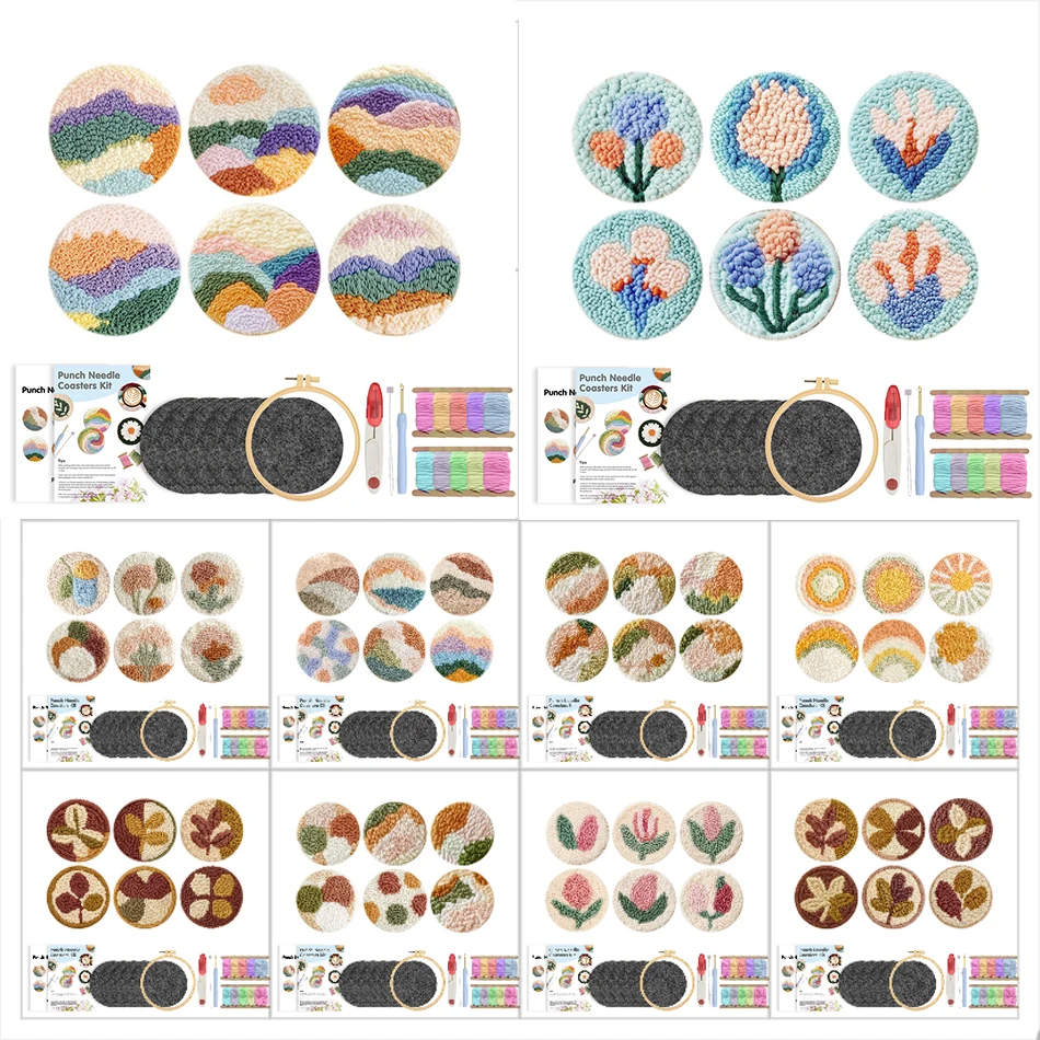 

6cs Punch Needle Coaster Kit Floral Pattern Punch Needle Embroidery Tufting Coaster Kit for Beginners DIY Set Home Decor Gift