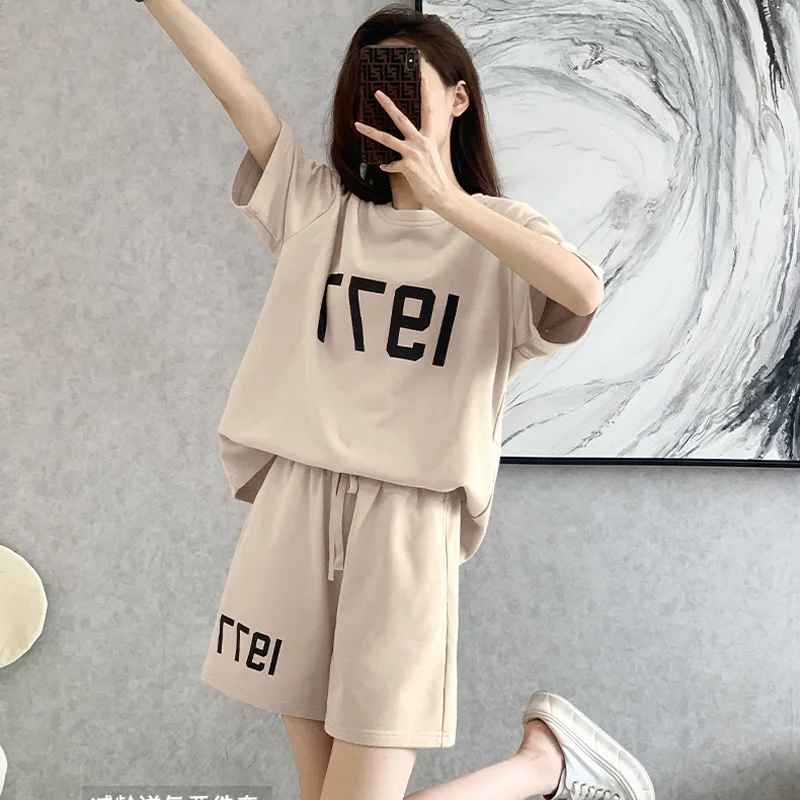 2-Piece Letter Print Casual Tracksuit, Loose Short Sleeve T-Shirt + Elastic Waist Shorts Loungewear Set for Women