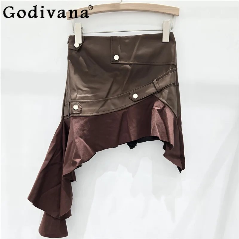 

French Irregular Ribbon Splicing PU Leather Skirts Women's Autumn 2025 High Waist A-line Versatile Fashion Age Reduction Skirt