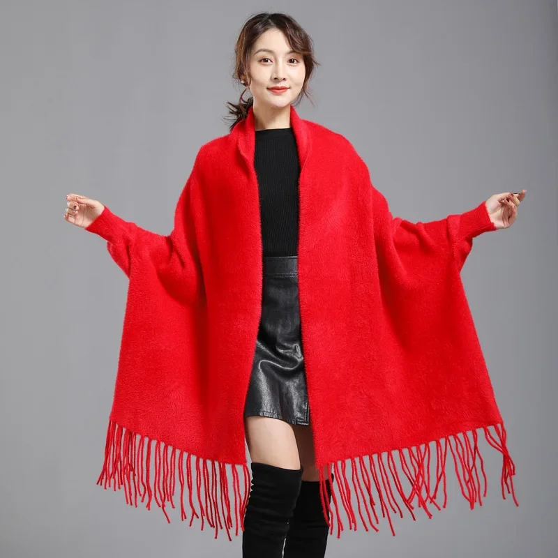 9 Color 680g Women Thicken Poncho Capes Faux Mink Velvet Cardigan Warm Big Pendulum Loose Long Batwing Sleeves Coat Tassel Cloak