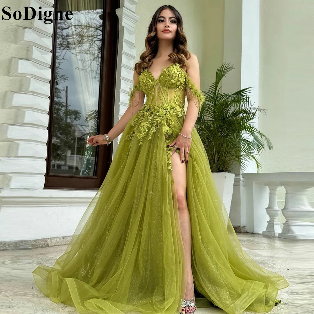 

SoDigne Elegant Lace Appliques Evening Dresses A-Line Off Shoulder High Slit Pleated Sweetheart Party Dress 2024 Sexy Prom Gowns