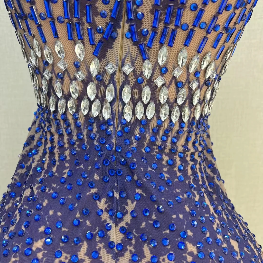 สีฟ้าสีขาว Sparkly Rhinestone Sheer ตาข่ายชุดมินิเซ็กซี่ผู้หญิงแขนยาว Couture วันเกิดฉลอง Party Prom ชุด Huanlan