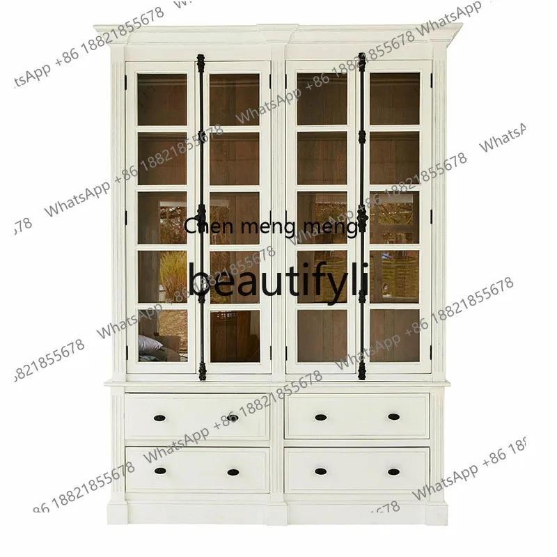 

French solid wood side cabinet with glass door rack floor-to-ceiling storage restaurant wall cabinet H