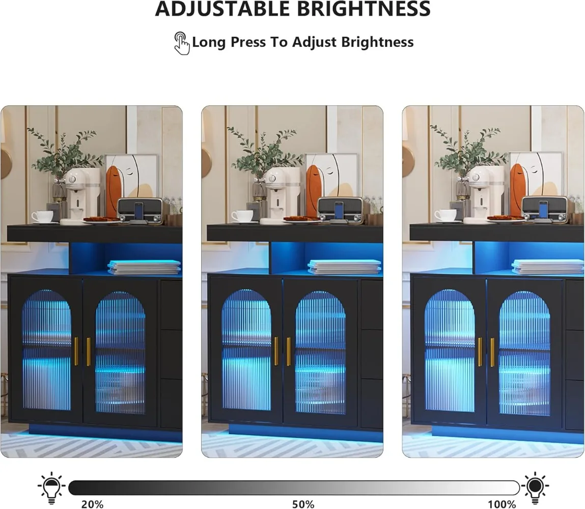40" LED Buffet Cabinet with Wireless Charging Station,Auto Sensor RGB 20-Color Dimmable Sideboard with Human Body Induction