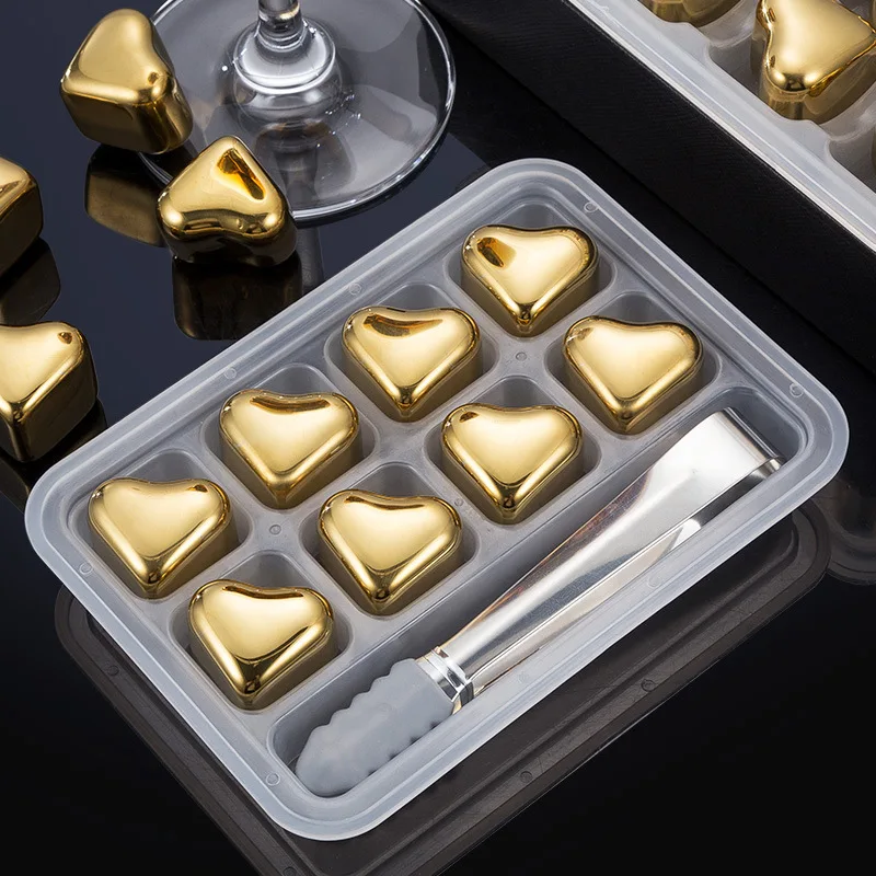 Heart-shaped golden stainless steel ice cubes, vacuum electroplated titanium ice pellets for cold compress