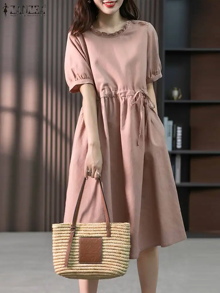 

Women Solid Sweety Dress Fashion Ruffled Stitching Midi Robe ZANZEA Korean Casual Short Sleeve Sundress Vintage Belted Vestidos