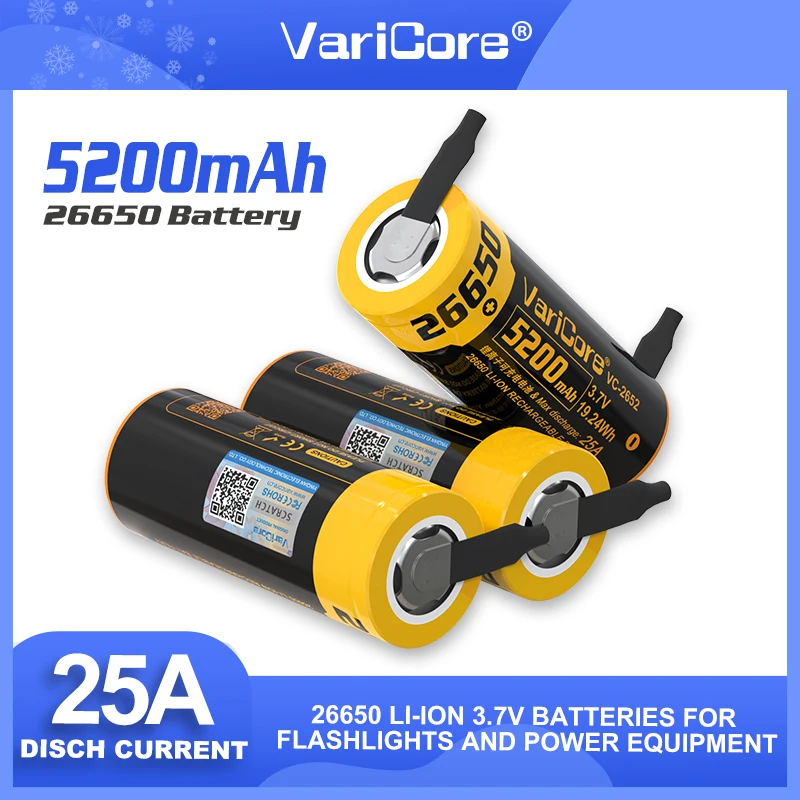 1-20PCS VariCore 26650 lithium battery, 3.7V 5200mAh, 26650 rechargeable battery, 26650-50A suitable +DIY Nickel sheets