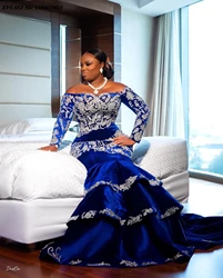 EVLAST-Robe de Rhpersonnalisée bleu royal, appliques en dentelle blanche, velours perlé à plusieurs niveaux, sirène Aso Ebi, occasion formelle, quel que soit P165