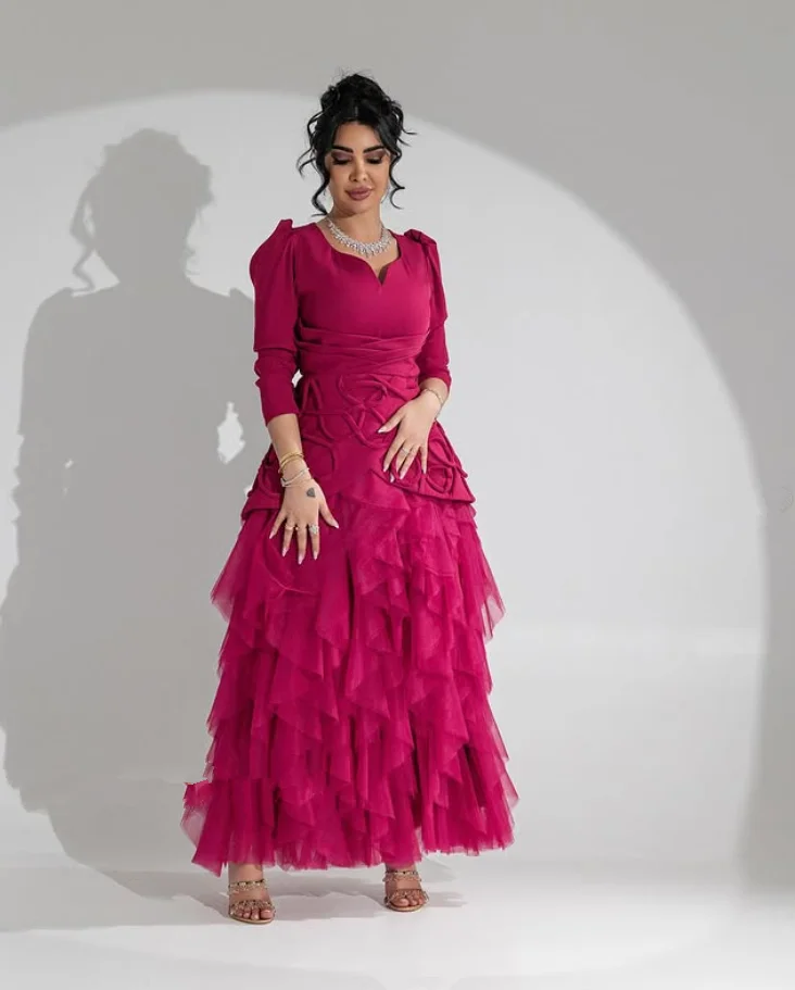 Fuchasia 발목 길이 아랍어 댄스 파티 공식 드레스 긴 소매 프릴 투투 스커트 맞춤형 이브닝 가운 فساتين سهرة