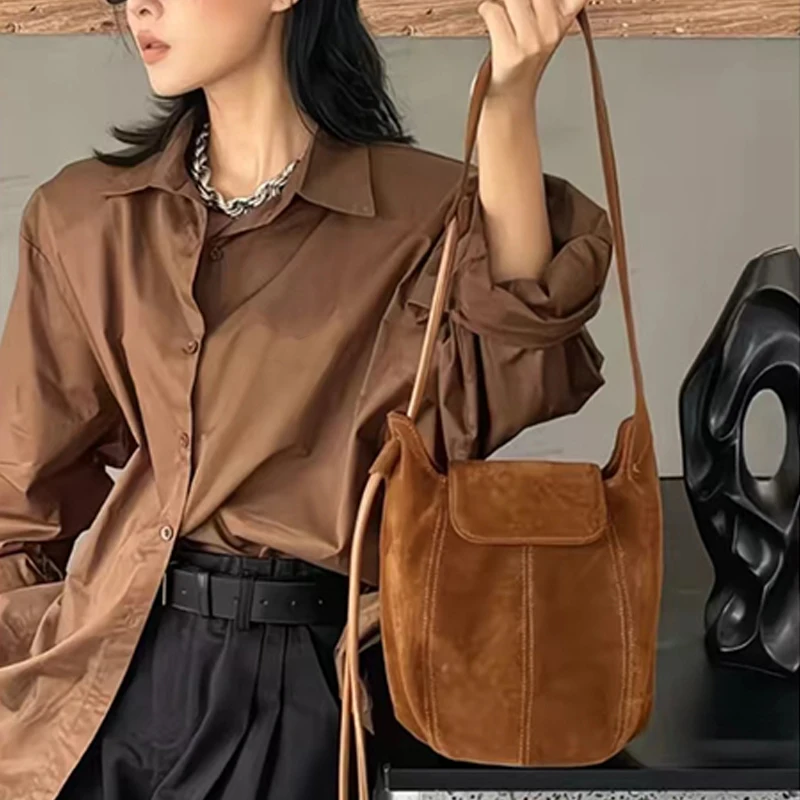 

Frosted Suede Bucket Bag Pumpkin Bag for Women High-End Niche Design Single Shoulder Underarm Crossbody Bag