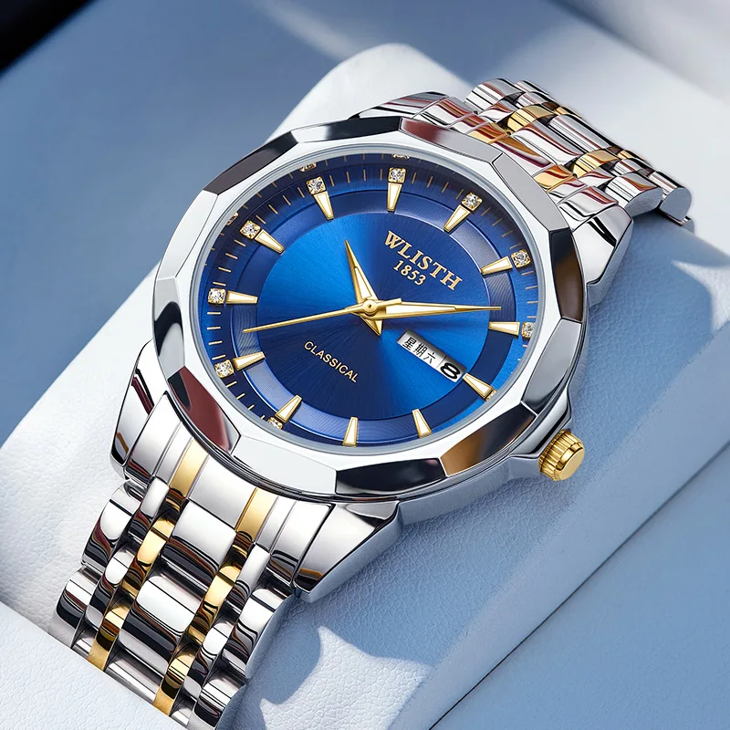 

WOLISH Men's Dual Calendar Watch - Waterproof Luminous Quartz Watch with Solid Steel Band