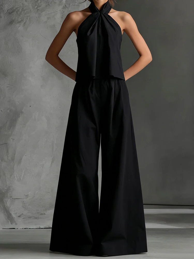 

Женский повседневный комплект из топа без рукавов с завязками на шее и длинных брюк, летний модный уличный стиль, элегантный комплект из 2 предметов для женщин.