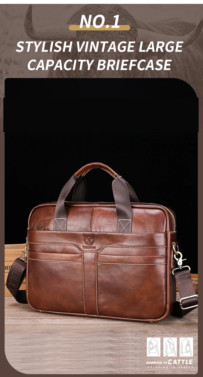 BULLCAPTAIN Leather Laptop Bag, Top Layer Leather 15' Laptop Bag Men's Laptop Briefcase Work Business Travel Bag 053