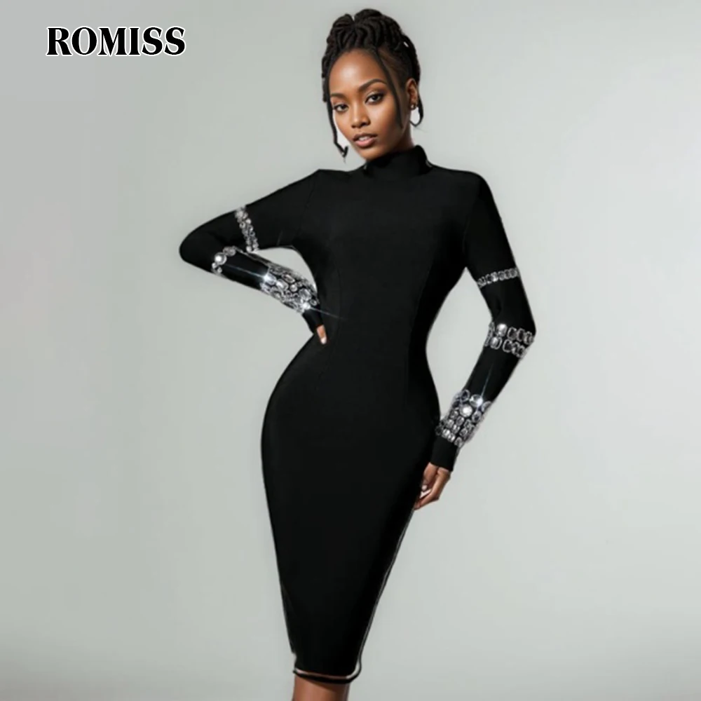 

ROMISS Solid Patchwork Diamonds Slimming Dress For Women Turtleneck Long Sleeve High Waist Temperament Dresses Female New