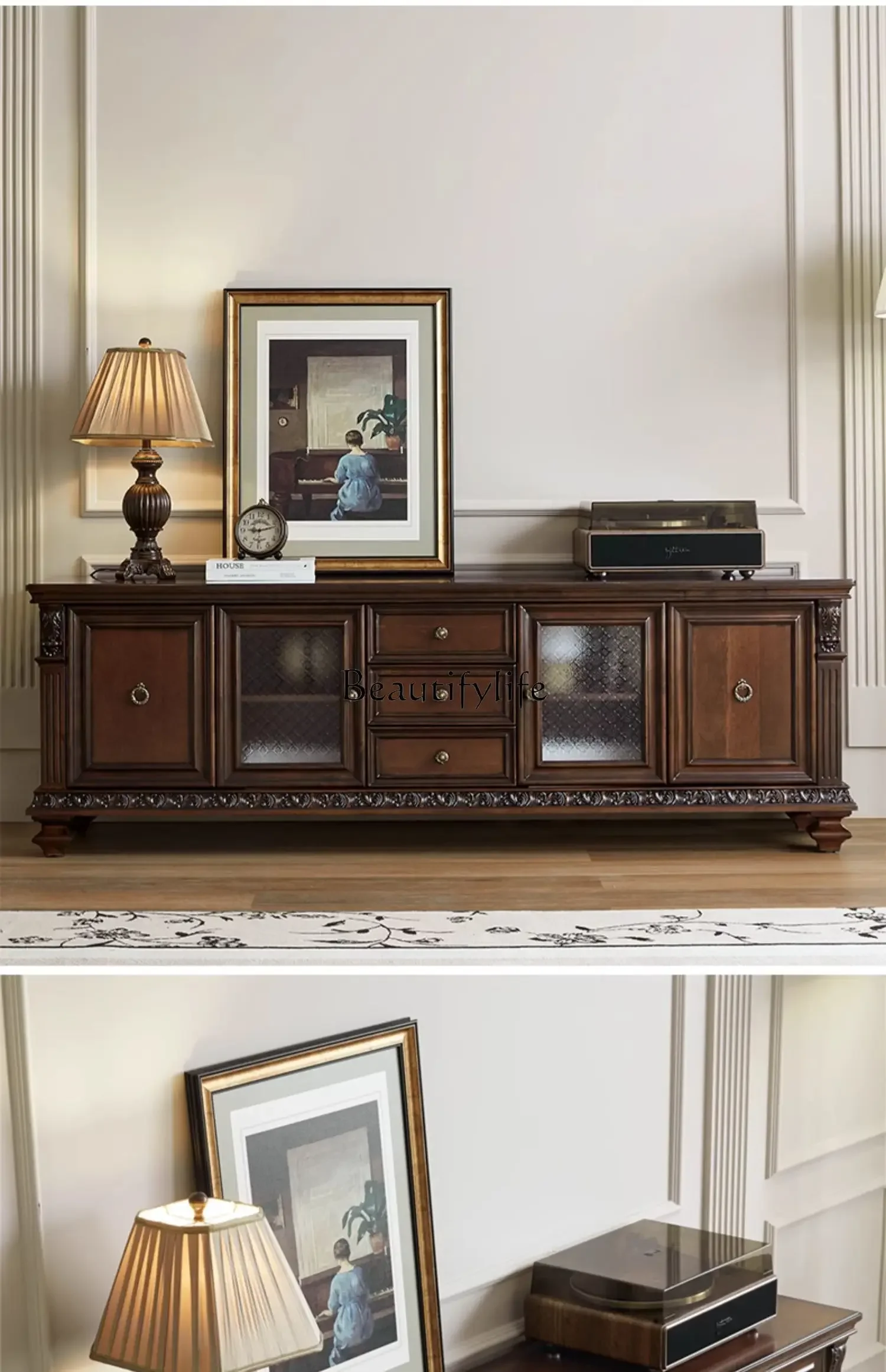 13 خزانة تلفزيون من الخشب الصلب الأمريكي وطاولة قهوة وأثاث عتيق من الخشب الصلب النقي #6