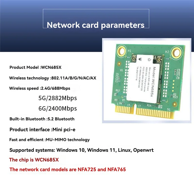 NFA725 NFA765 WCN685 WIFI6E AX6000 Wifi Module 2.4G 5G 6G بلوتوث 5.2 Mini PCIE بطاقة واي فاي لاسلكية مع هوائي مغناطيسي