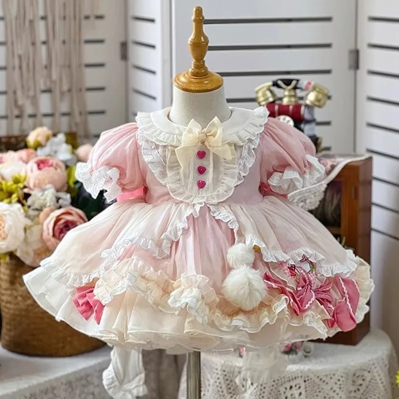 Girl Lolita Pink Fluffy Princess Dress Short Sleeved Baby Girl Palace Style Dress 2025 Spring Summer New Girls Sweet Dress