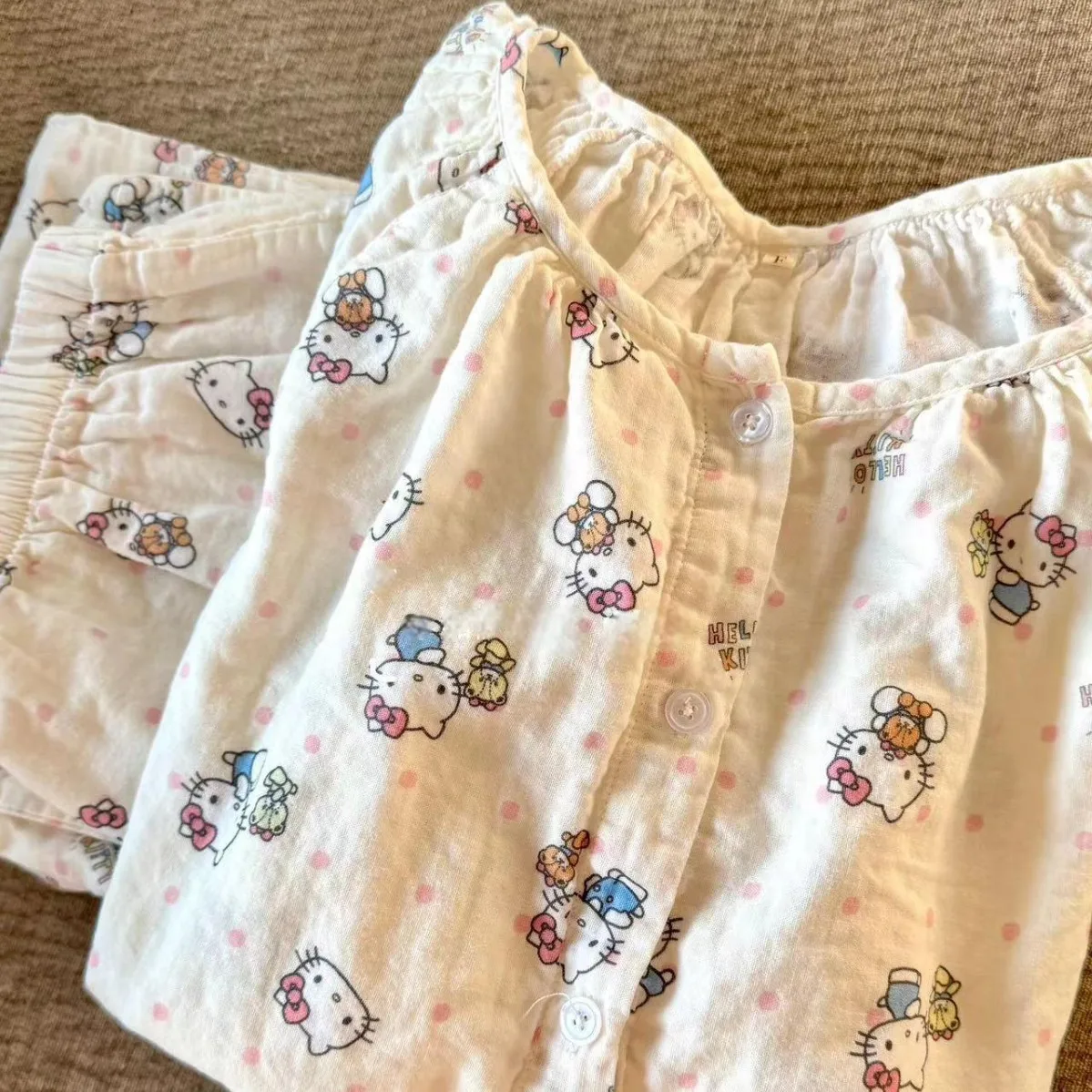 

Пижамный комплект Hello Kitty для девочек, комплект одежды для сна с милым мультяшным принтом, женская летняя осенняя хлопковая мягкая домашняя одежда, одежда для дома, 2 шт.
