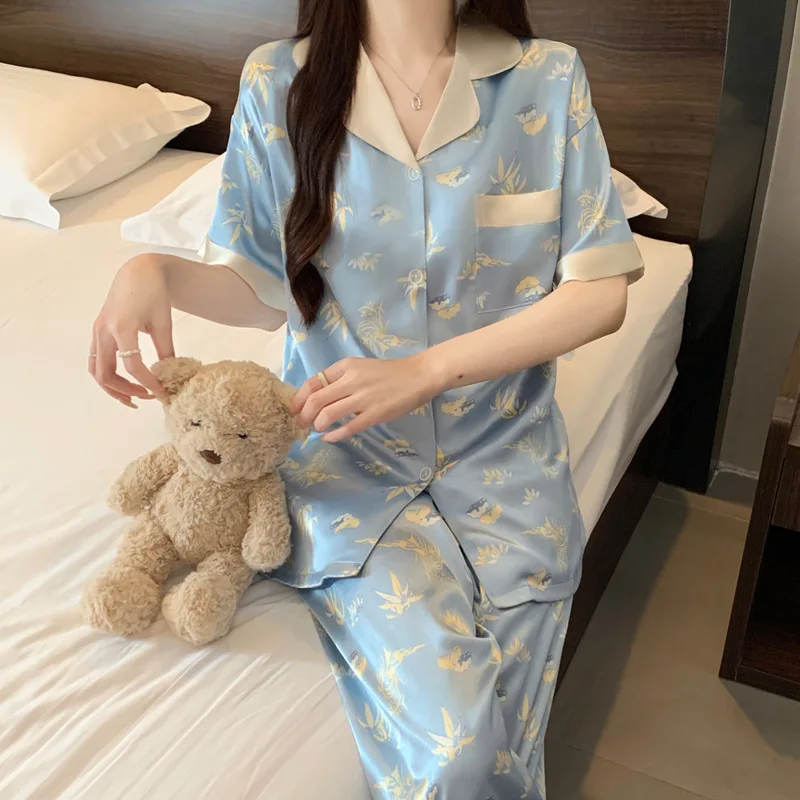 New Chinese-Style Jacquard Luxury Pajamas for Women: Short-Sleeve Top and Long Pants, Ice Silk Bamboo Leaf Jacquard Loungewear