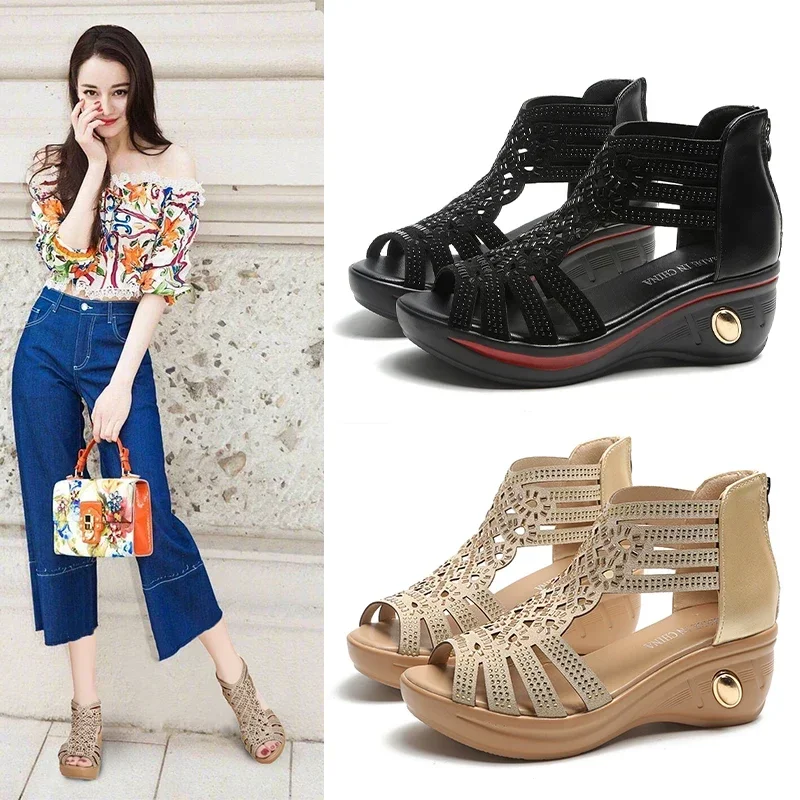 Женские сандалии, лето 2024, босоножки на высоком каблуке на танкетке, женские повседневные туфли с открытым носком на молнии, женские модные сандалии с вырезами и кристаллами