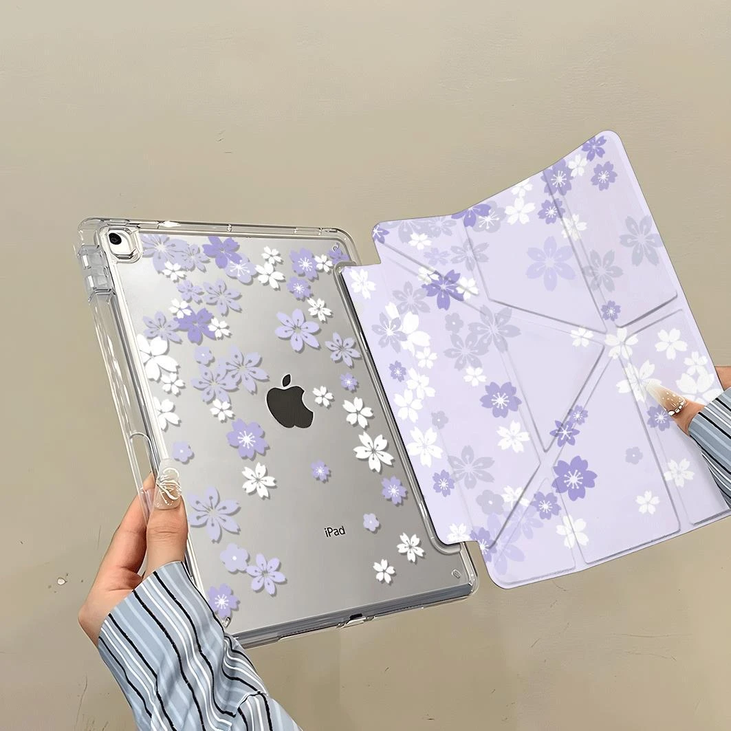 Ins Purple Flower Tablet Case For iPad Pro 11 12.9 13 A16 M2 M4 M3 M5 Shell 8.3 9.7 10.2 5/6/7/8/9/10/11th Mini Air 3 4 5 Cover