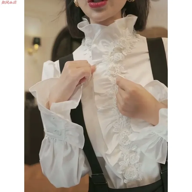 Solid Color Jacquard Shirt for Women 2025 Autumn and Winter New Lace Collar Long-sleeved Loose Right Shoulder Fashionable Top