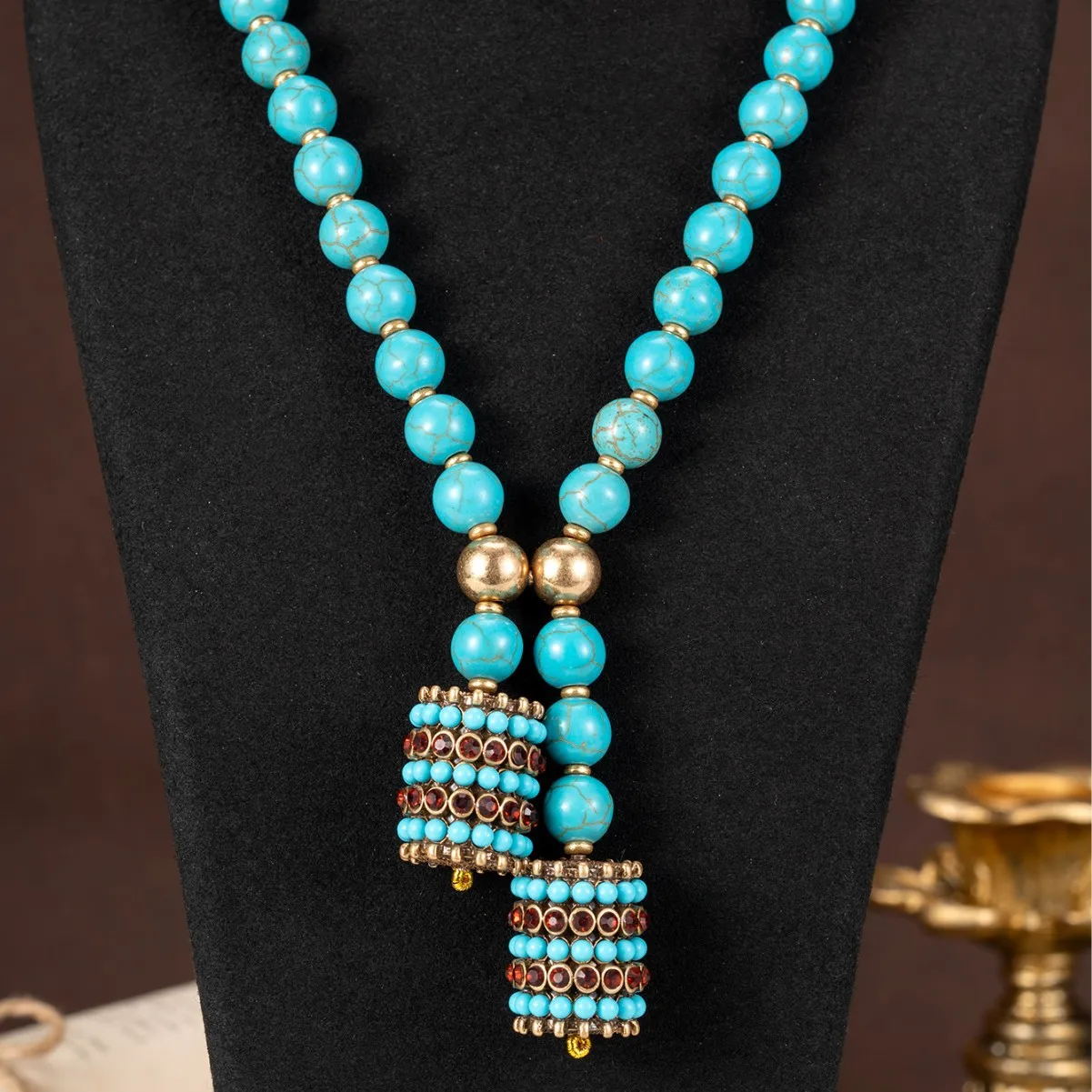 

New Statement Fashion Vintage Turquoise Beaded Strand Necklace Light Luxury Ethnic Style Earrings Set Sweater Necklace for Women