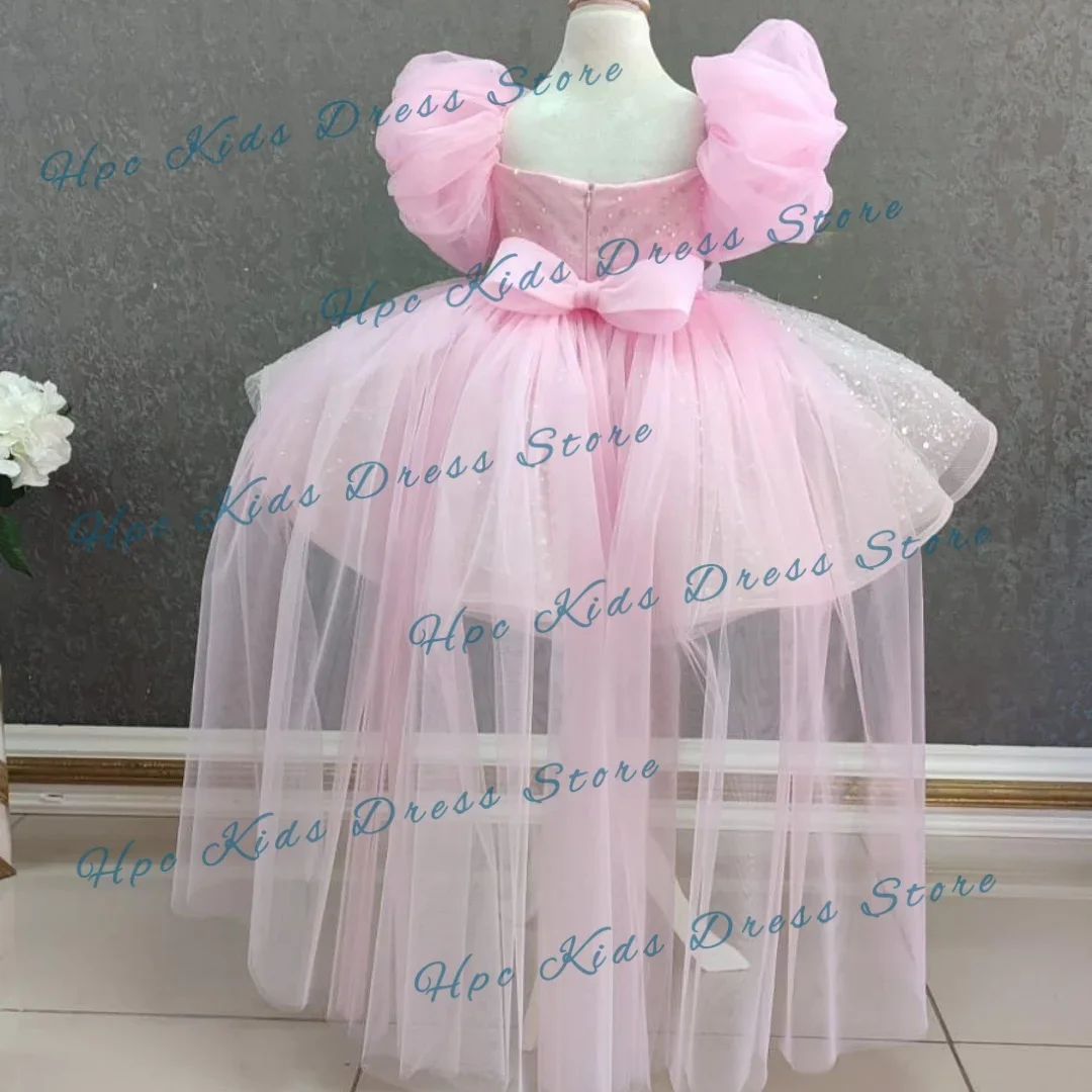 Custom Pink Sequin Flower Girl Dress, Puff Sleeve Tulle Wedding Ball Gown with Bow for Birthday Party Kids Formal Wear