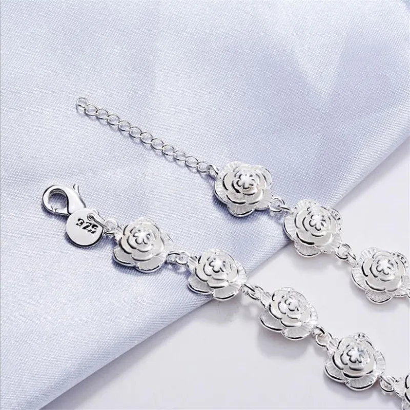 Urok 925 Sterling Silver Rose Flower Chain Bransoletka dla kobiet Moda Pretty Party akcesoria ślubne prezent piękna luksusowa biżuteria