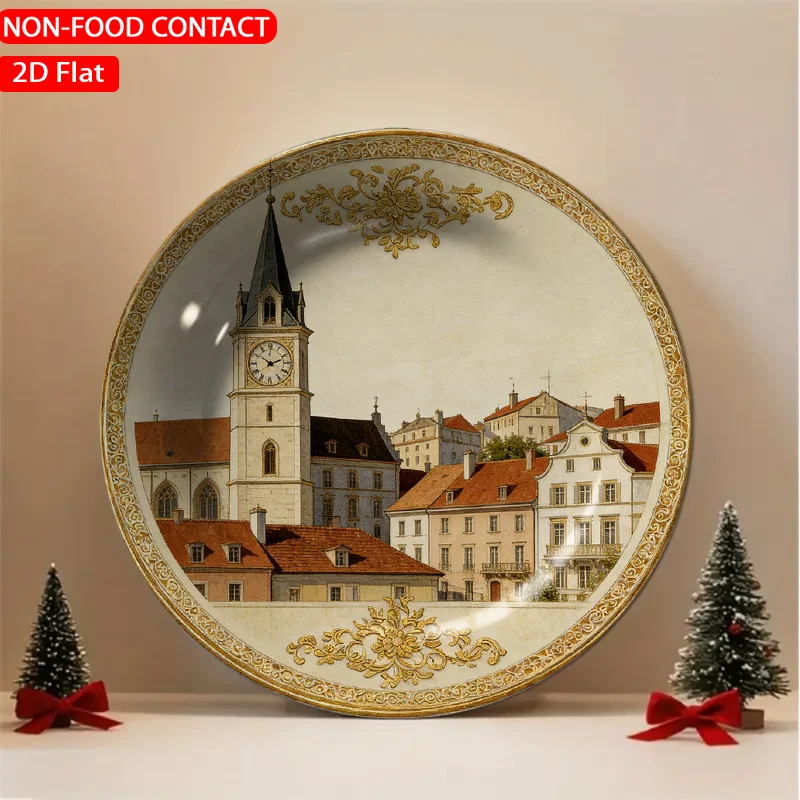 1pc Artistic Church Tower Golden Ceramic Plate Non-food Contact, Home Desk Ornaments, Living Room and Bedroom Decorations,
