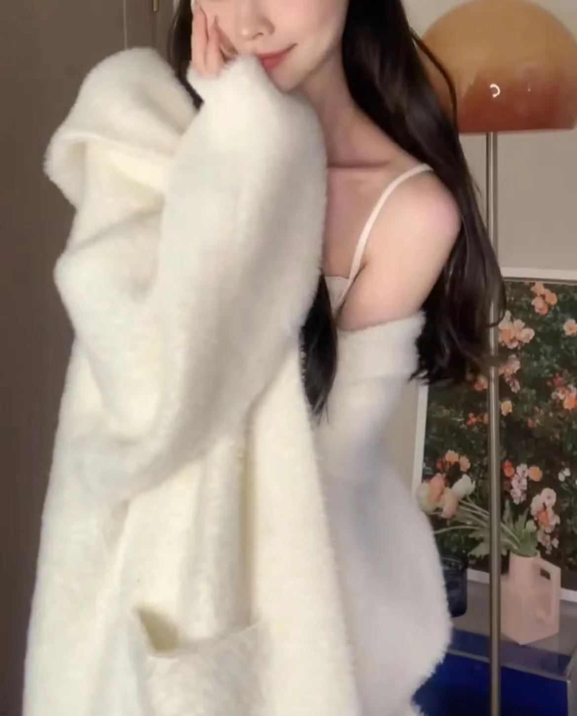 Ladies Long Knitted Open Cardigan Hooded Mink Simulation Loose Lazy Sweater Korean Sle Warmth Fall Winter Faion Commute S...