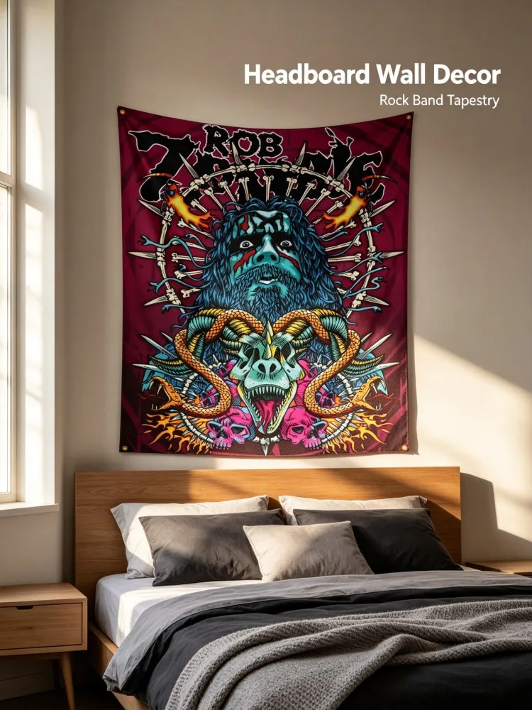Rob Zombie Heavy Metal Band Tapestry Banner Horror Skull Snake Flame Print Polyester Wall Hanging Flag With Brass Grommets Gothi