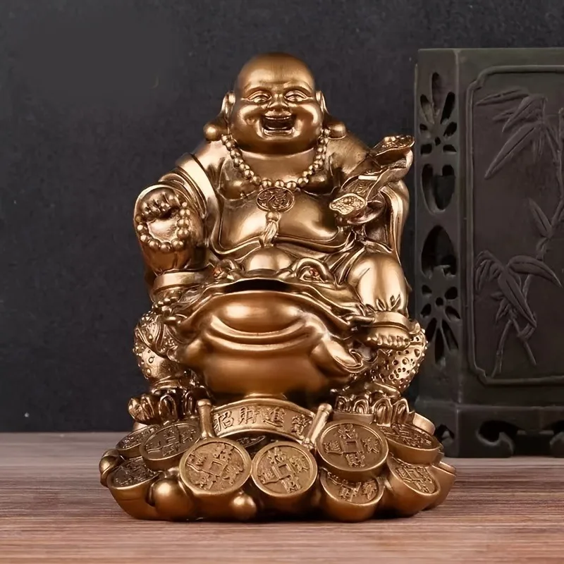 Feng Shui Laughing Buddha, Wealth Laughing Buddha Sit on Money Frog Statue Lucky Toad Car Ornaments Home Office Decoration