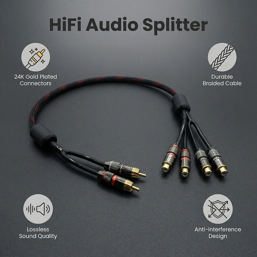 

Aouyade 2 Male to 4 Male Spliter RCA Adapter HIFI RCA Splitter Audio Extension Wire 0.3M