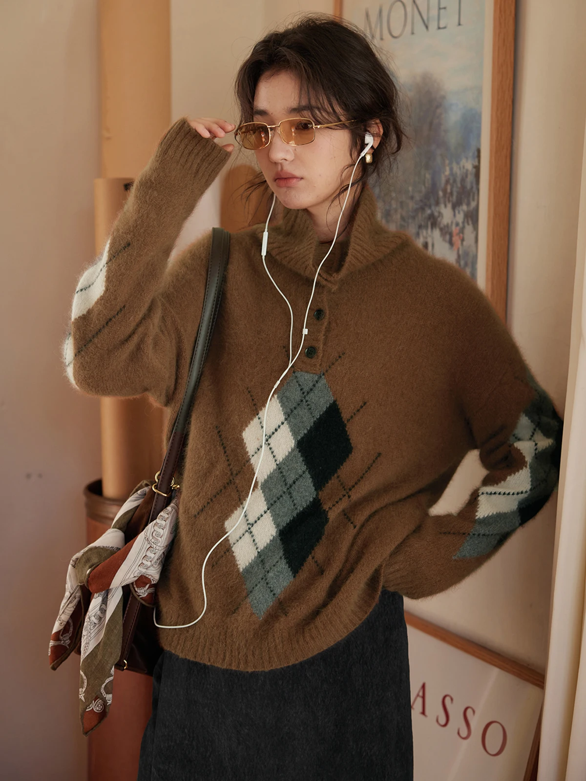 

Solighter Women's High Collar Loose Sweater Rabbit Fur Mixed Diamond Pattern Winter New Style Fashionable Commute Style Knitwear