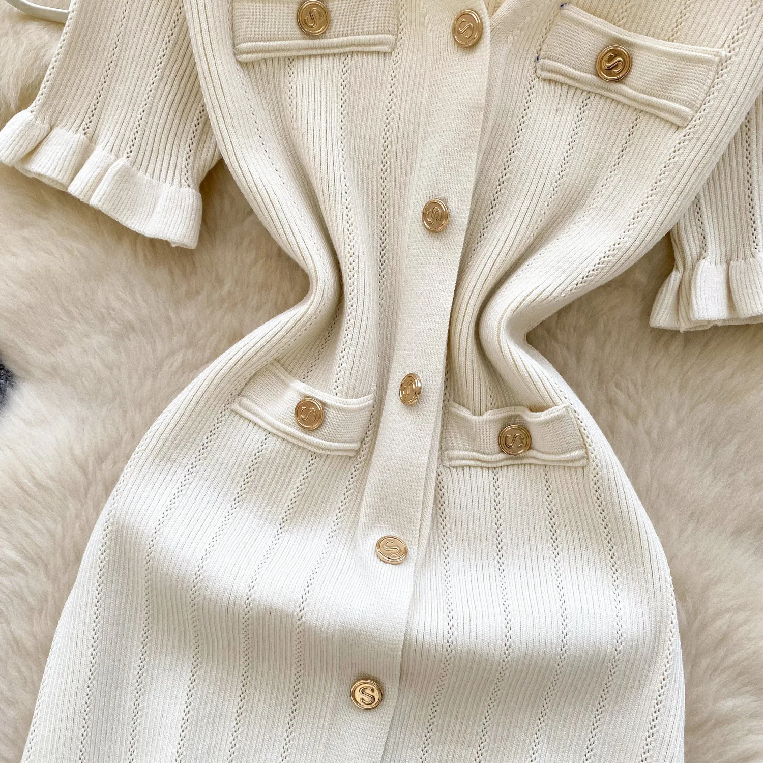 Long Dress Women Knitted Dresses Single Breasted A Line Vestidos Ruffless V Neck Short Sleeve Elegant Y2k High Waist Party 2025