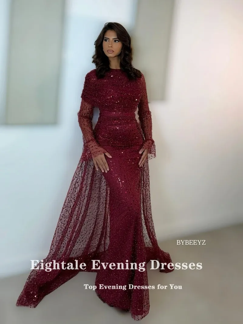 Eightale Arabisch Abendkleid Angepasst Oansatz Pailletten Perlen Meerjungfrau Burgund Prom Hochzeit Party Kleid Vestidos De Gala