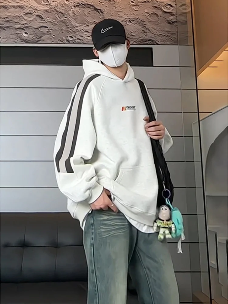 

American Sle Color Blo Striped Sweatirt Heavy Weight Men's Autumn High Street Loose Large Size ey Inner irt Base Layer