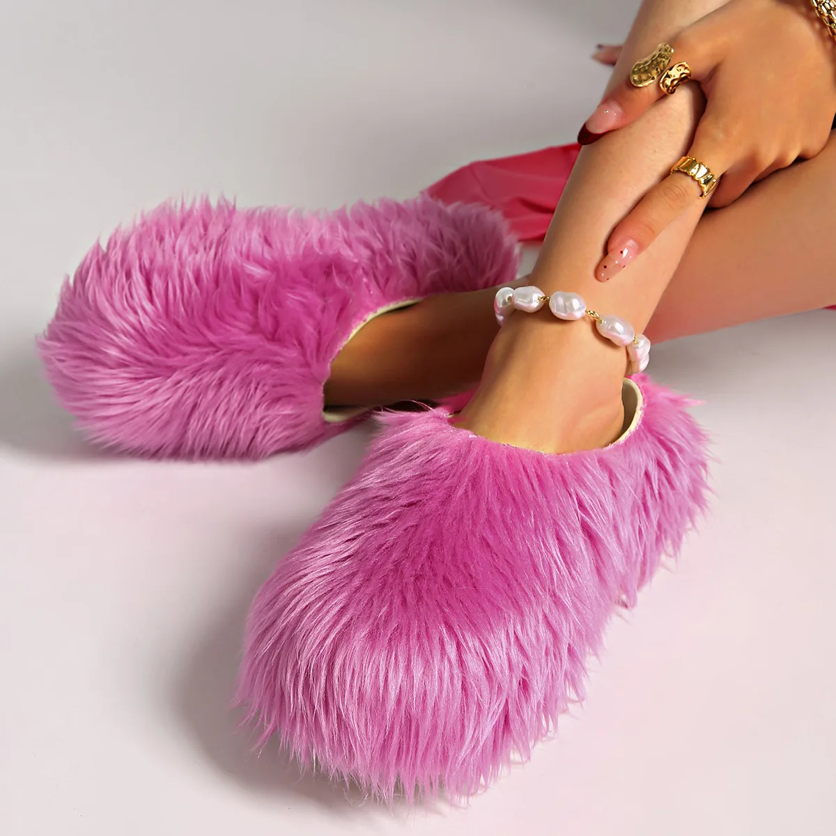 

Spring New Women's Rose Red Pink Brown Black Fur Slippers Luxury Flat Shoes Fashion Outdoor Women's 34-45 Large Hair Slippers