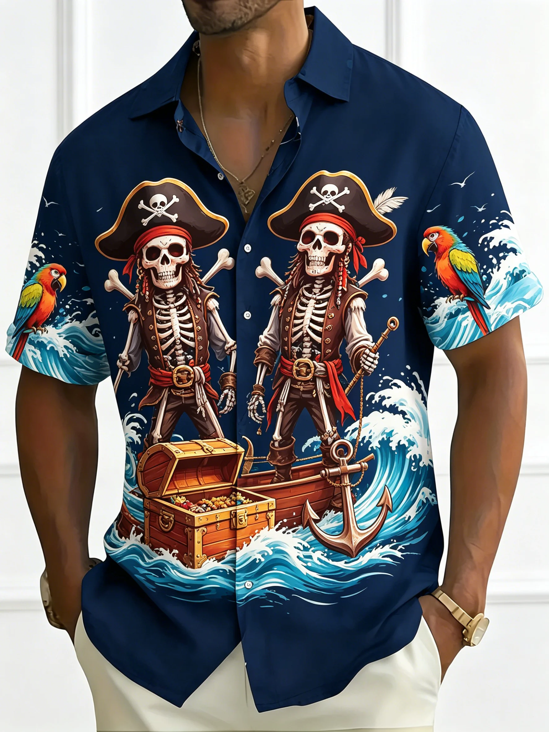

Men's Navy Skeleton Pirate & Parrot Print Button Up Shirt, Turndown Collar Tops for Summer Vacation Casual Streetwear Wear