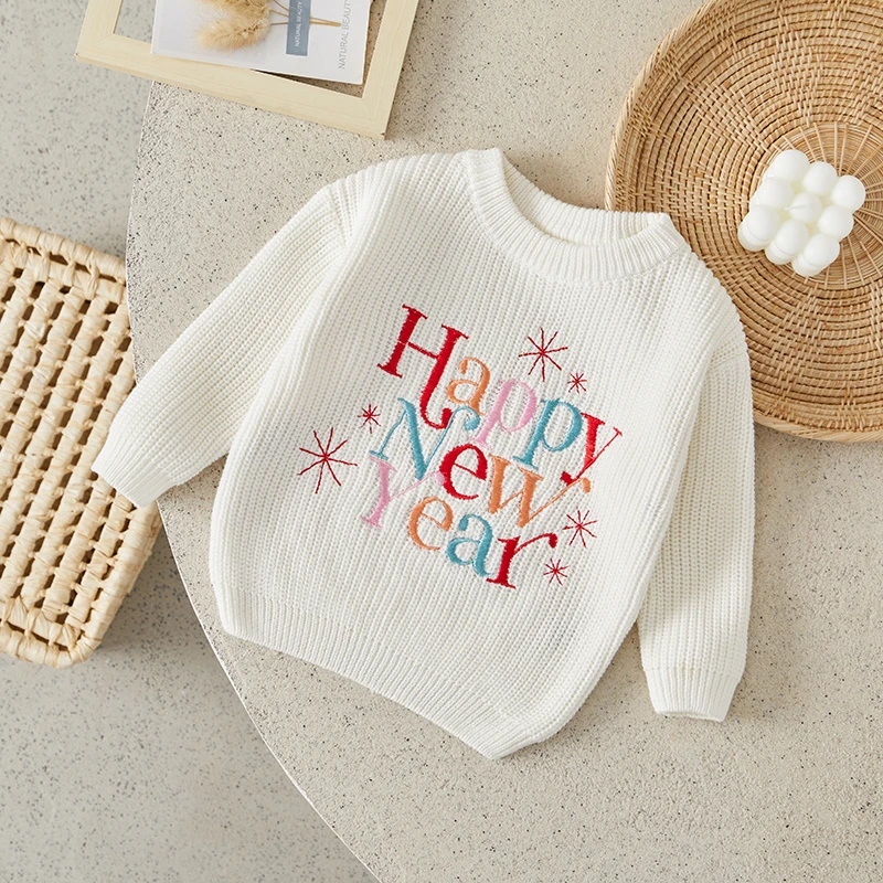 

Suefunskry Newborn Baby Girl Boy Knitted Long Sleeve Autumn Winter Sweater New Year Letter Print Loose Pullover Casual Tops