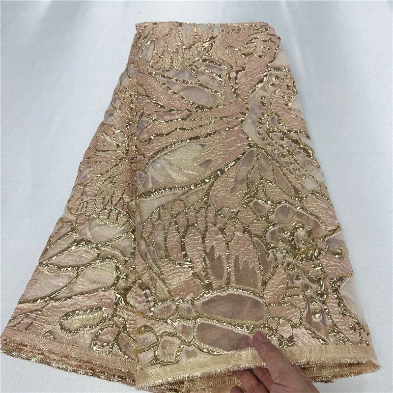 Imagem -05 - Africano Brocado Jacquard Tecido de Renda Laço Líquido Dourado Francês Vestido de Noiva Alta Qualidade Jardas 29l85293 2024