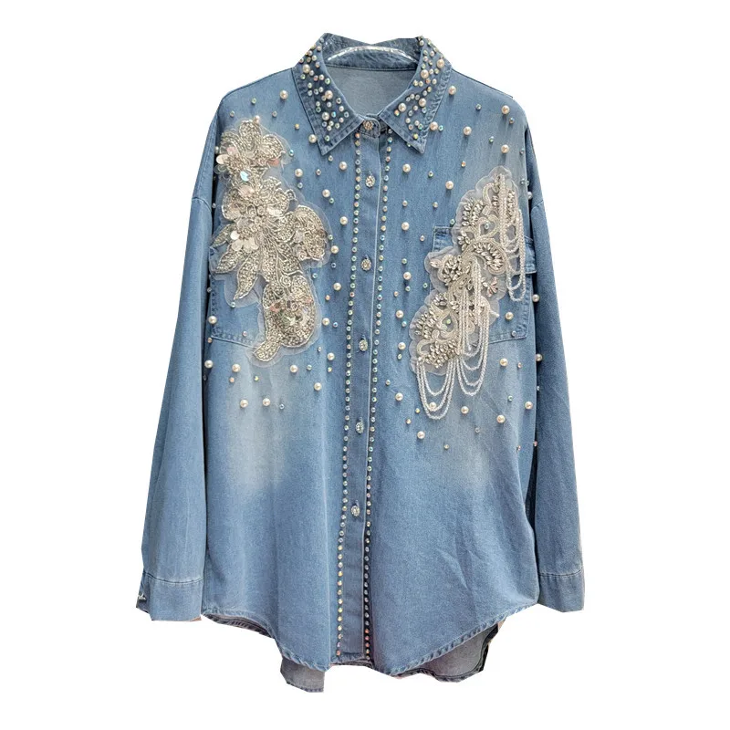 Spring/Summer Women Flowers Embroidery Beaded Denim Shirts Medium Length Pearls Beaded Jeans Blouses Turn Down Collar Cardigan