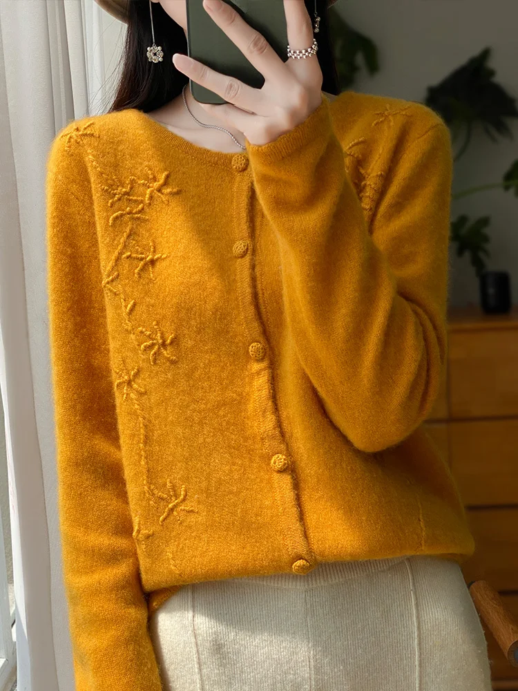 Women Sweater Cardigans O-neck 100% Merino Wool Knitwear Chinese Style Embroider Cashmere Vintage Grace Soft Spring Autumn Tops