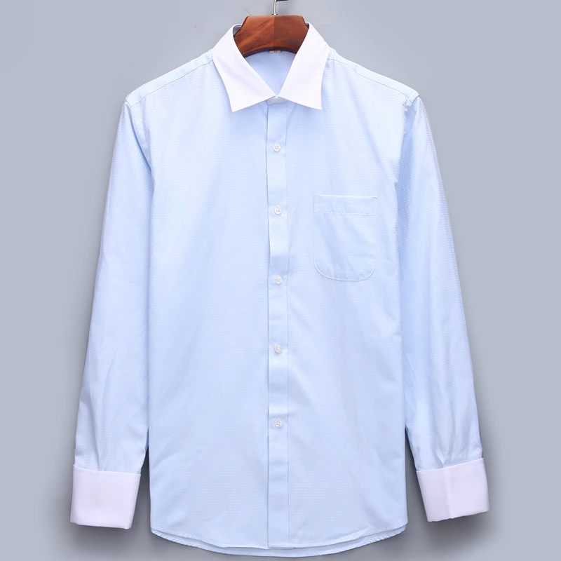 Camisas de gemelos franceses de gran tamaño para hombres, diseño de cuello blanco, tela Jacquard de Color sólido, vestido de caballero, camisa de manga larga