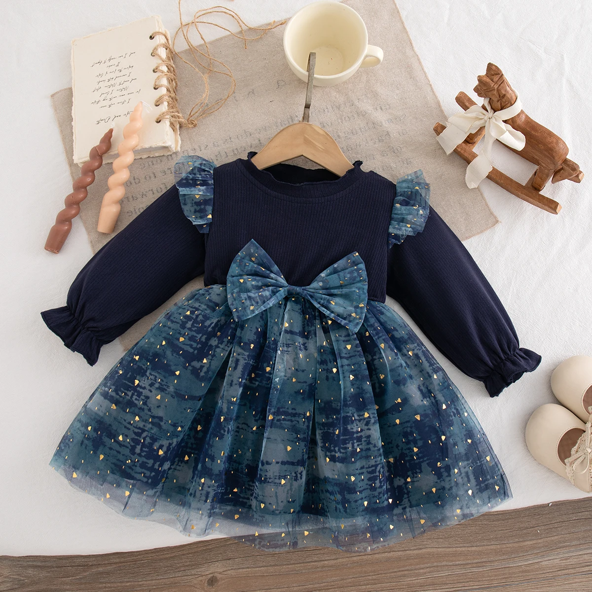 Autumn Korean Style Fashion Bow Long Sleeved Toddler Fairy Dress Sweet Cotton Warm Birthday Party Gift Princess Baby Girl Dress